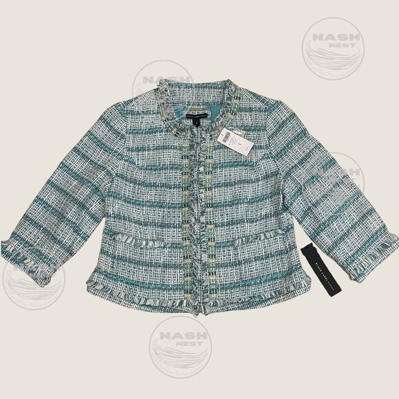 Chico’s Black Label M Tweed Jacket | Embellished Shell Enamel Tile Trim Aqua NWT - Picture 1 of 9